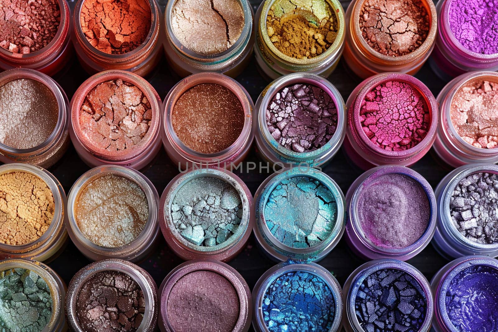 A close-up image showcasing a variety of colorful makeup pigments and powders in small jars. Generative AI by AnatoliiFoto