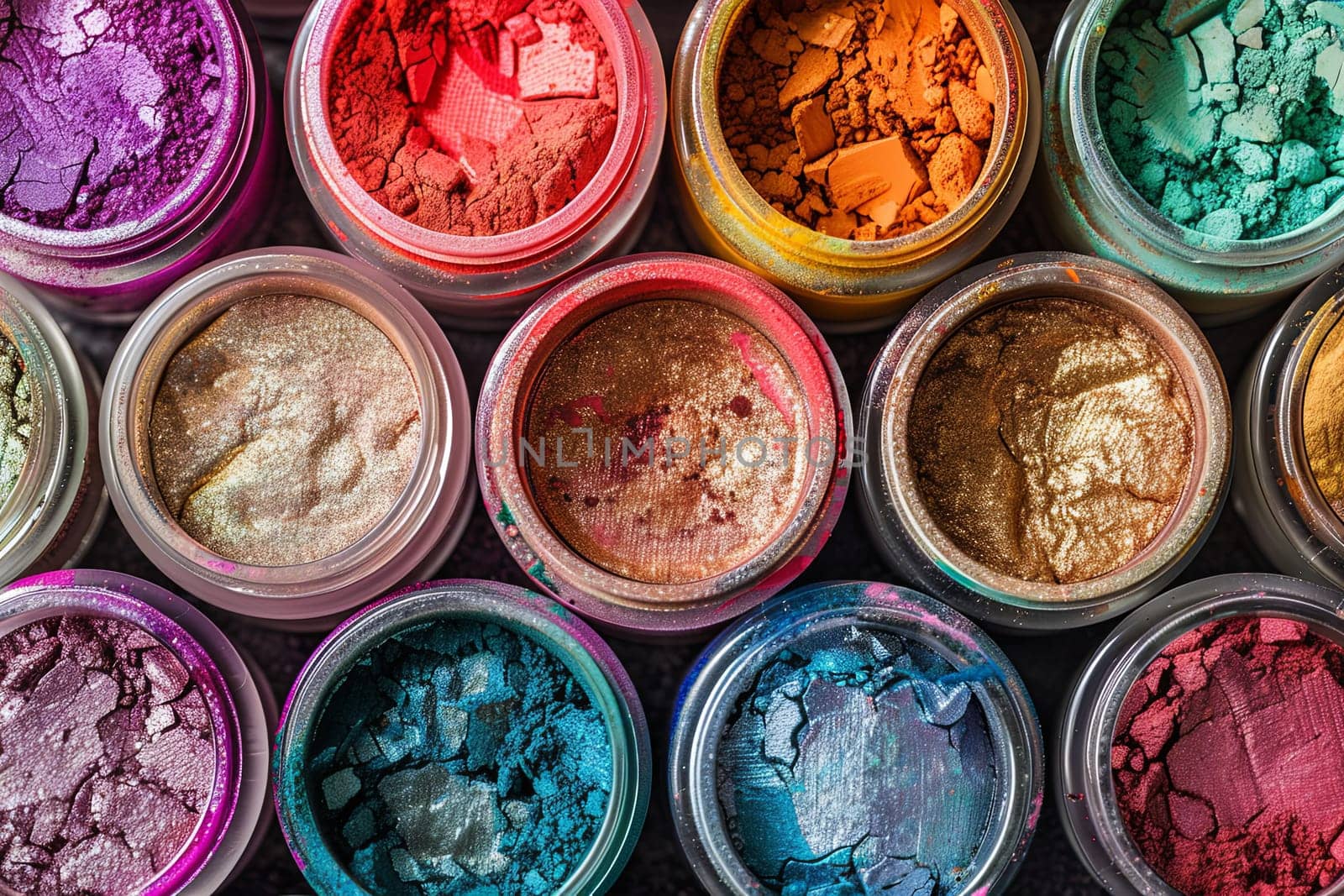 A close-up of various makeup pigments and powders in small jars. Generative AI by AnatoliiFoto