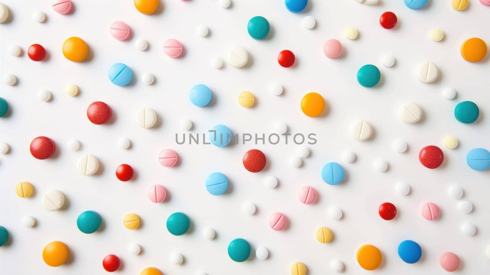 Colorful pills arranged in a pattern on a white surface with copy space for medical and health concept