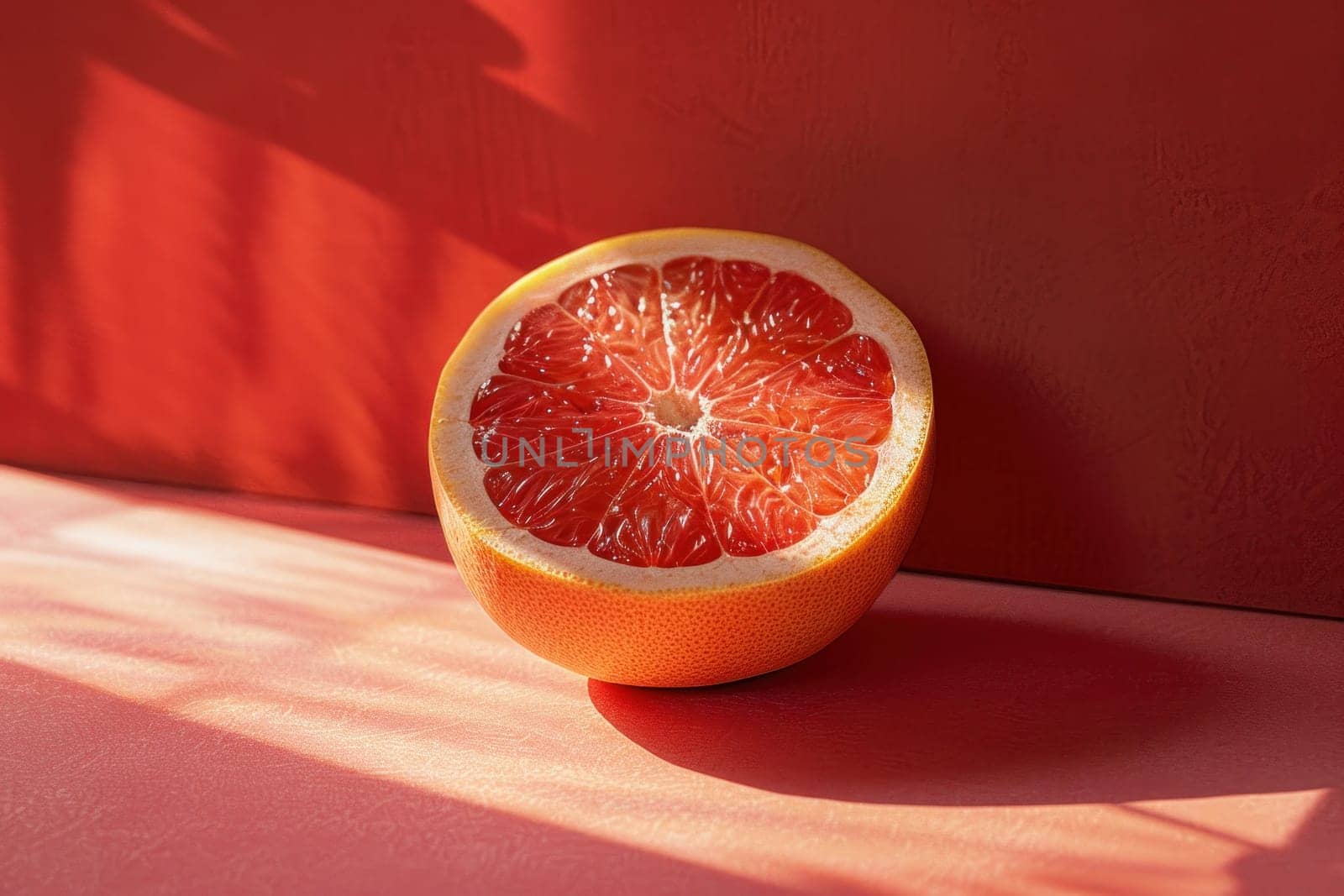 Sunlit grapefruit on red surface with window in background sparking joy and freshness in artistic composition by Vichizh