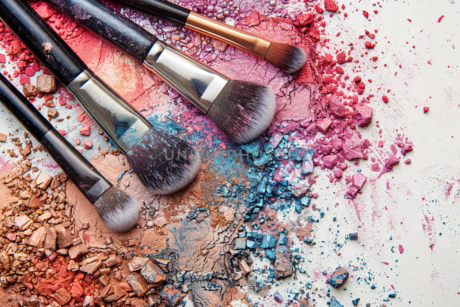 Several makeup brushes lay on a white surface covered in crushed eyeshadow and blush.