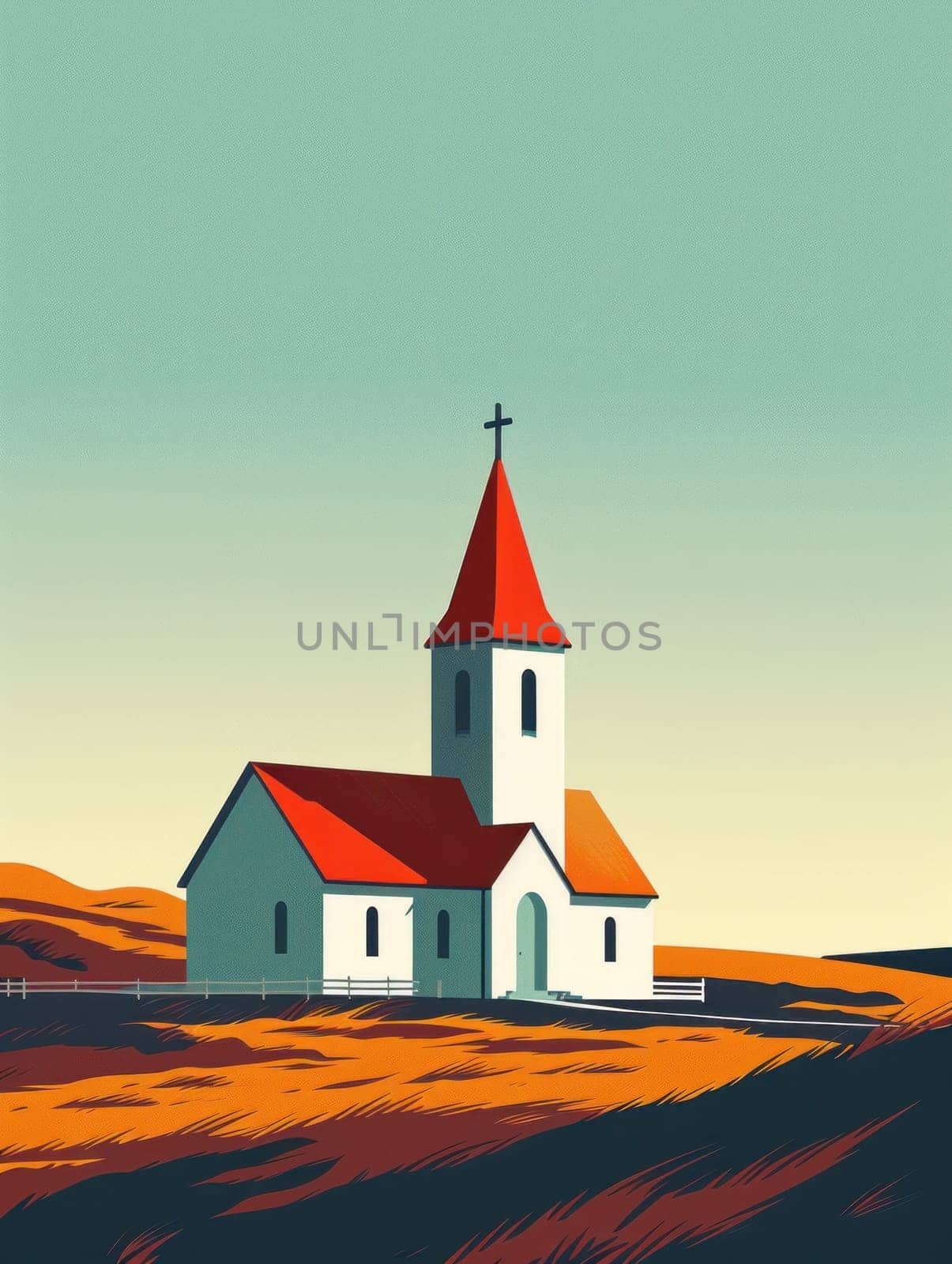 Church on hill in field under blue sky, peaceful religious landscape travel destination concept
