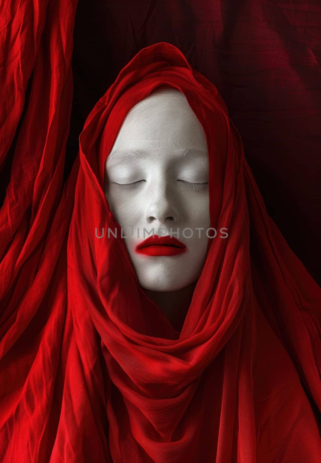 Beauty concept woman with red scarf and white makeup laying on cloth in artistic fashion pose