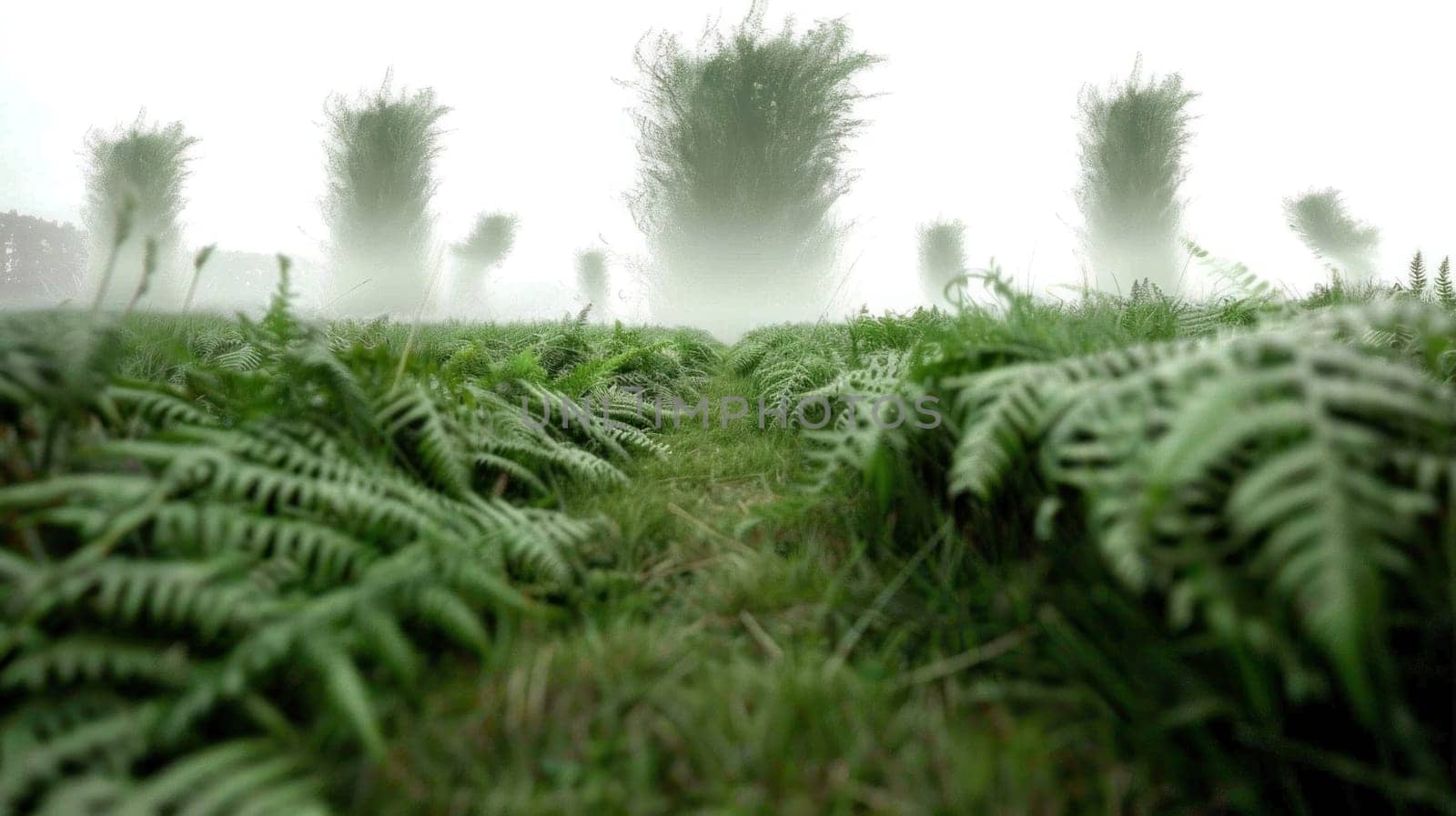 Tranquil misty field with tall ferns and trees surrounded by tall grass in nature reserve