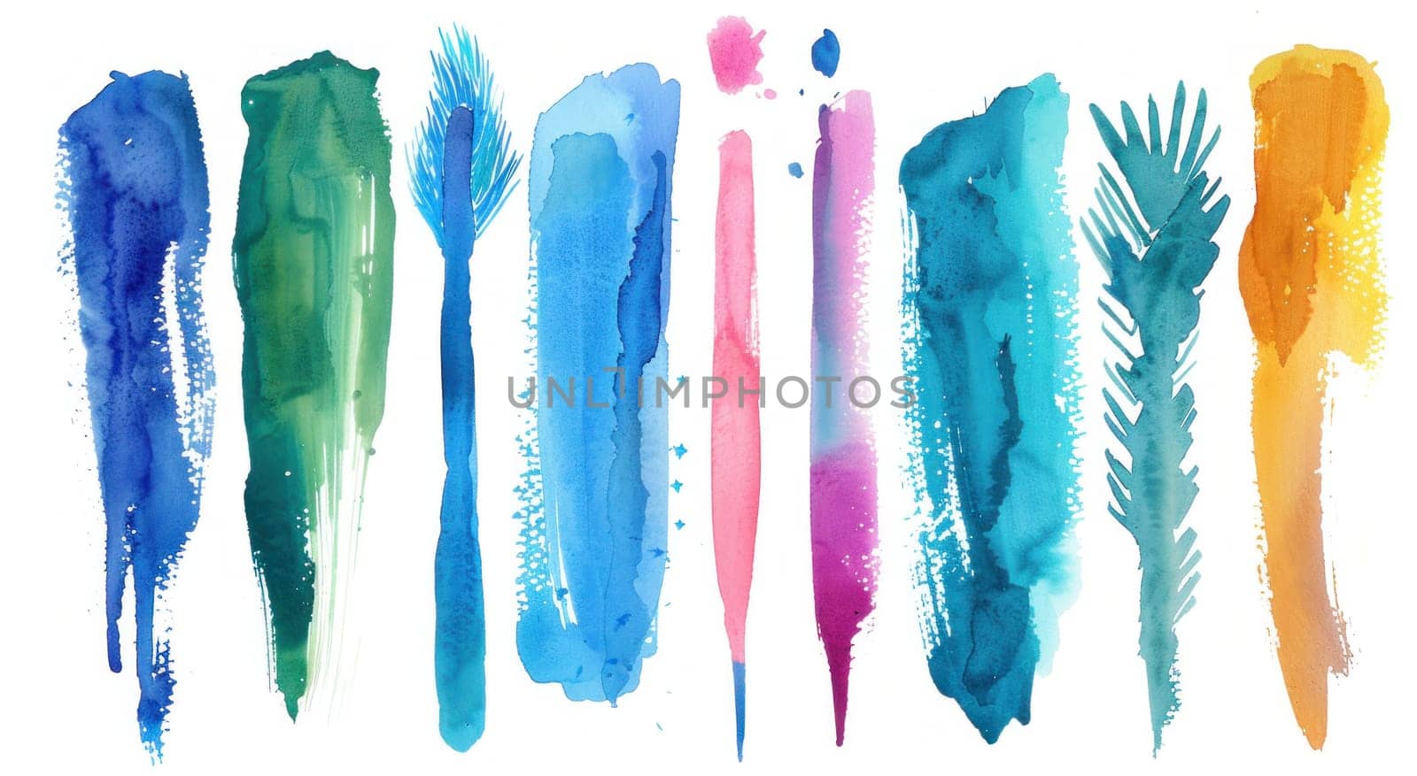 Colorful watercolor paint brushes set illustration with six brushes on white background for art and creativity concepts