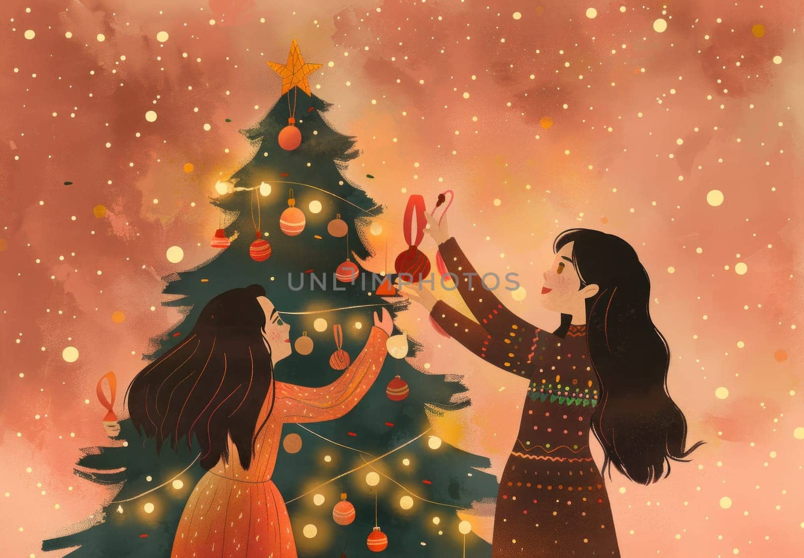 Festive girls decorating christmas tree with lights and ornaments in a cozy holiday scene by Vichizh