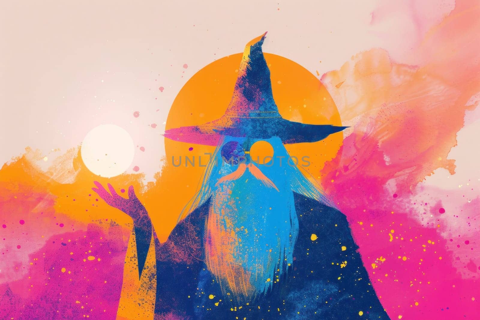 Wizard casting magical light spell against vibrant background for mystical fantasy art illustration by Vichizh