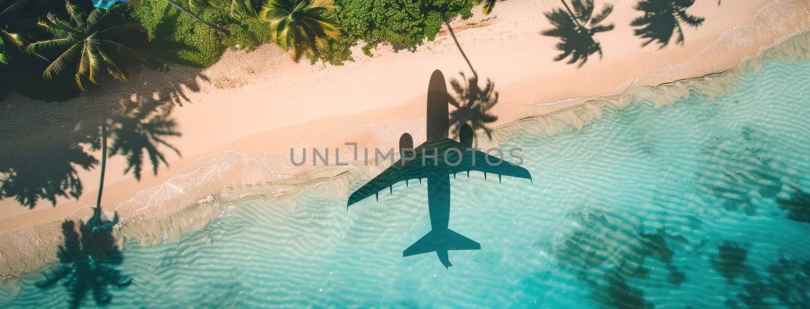 Traveling paradise aerial view of airplane on beach with palm trees on sandy shore