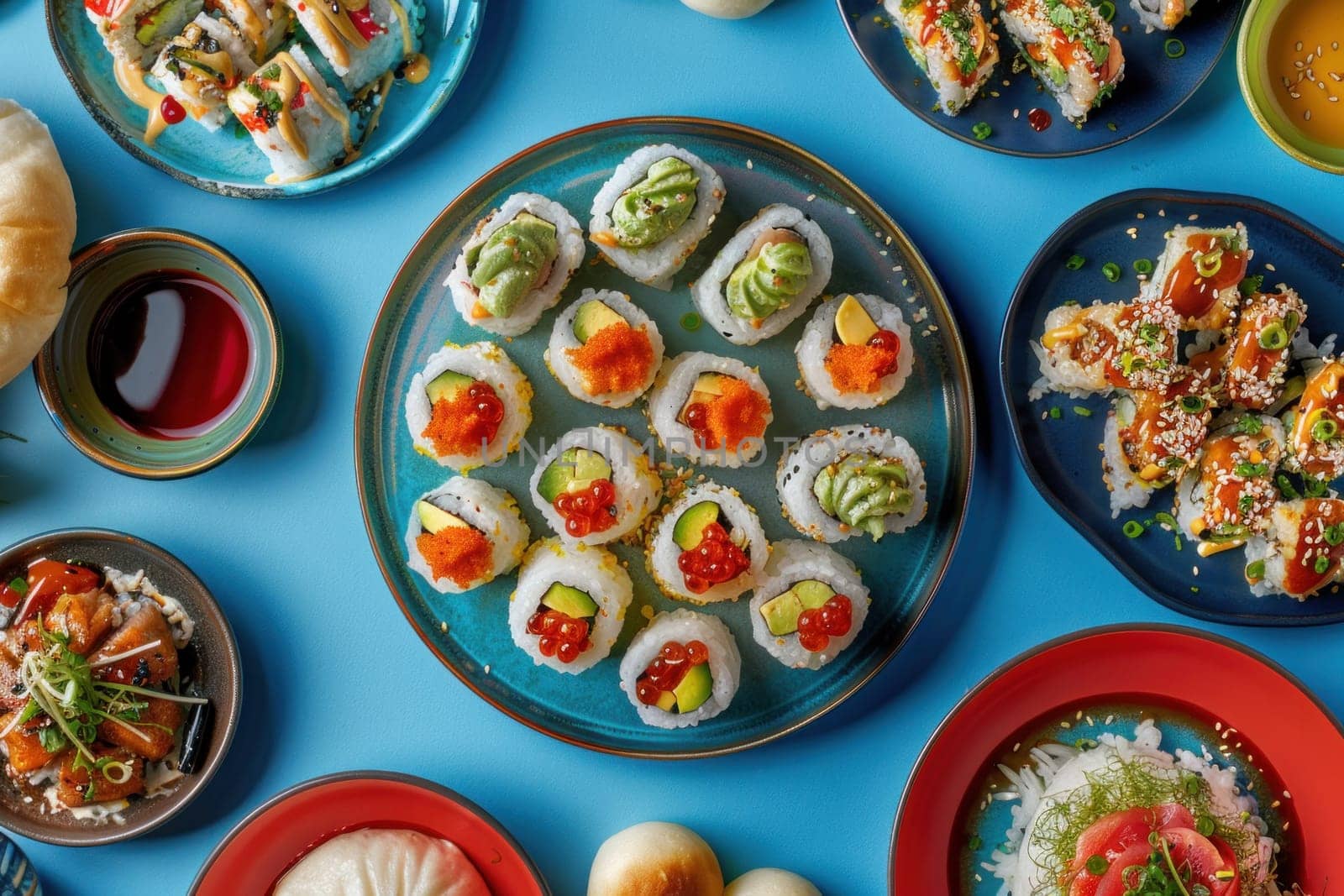 Various plates of sushi and other food on a blue table with a blue background for a culinary adventure