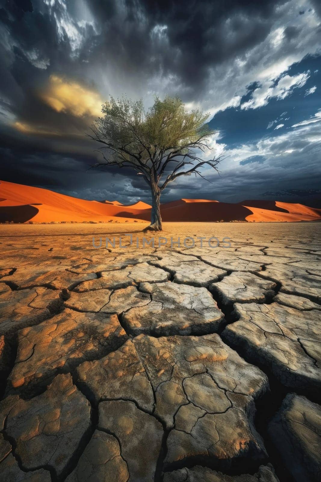 Solitary tree in dry desert under stormy sky symbol of resilience and survival amid harsh conditions by Vichizh