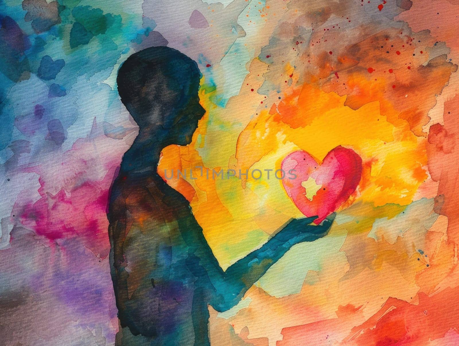 Watercolor painting of a person holding a heart in front of a colorful background as symbol of love and artistry