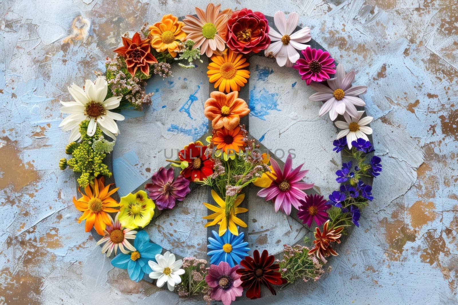 Flower peace sign on grungy wall symbol of harmony and nature in urban environment