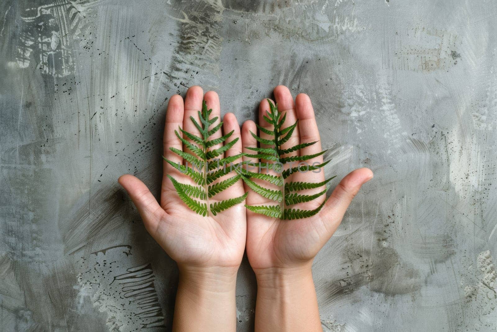 Green fern plant held by two hands on concrete background with copy space, nature beauty and serenity concept by Vichizh