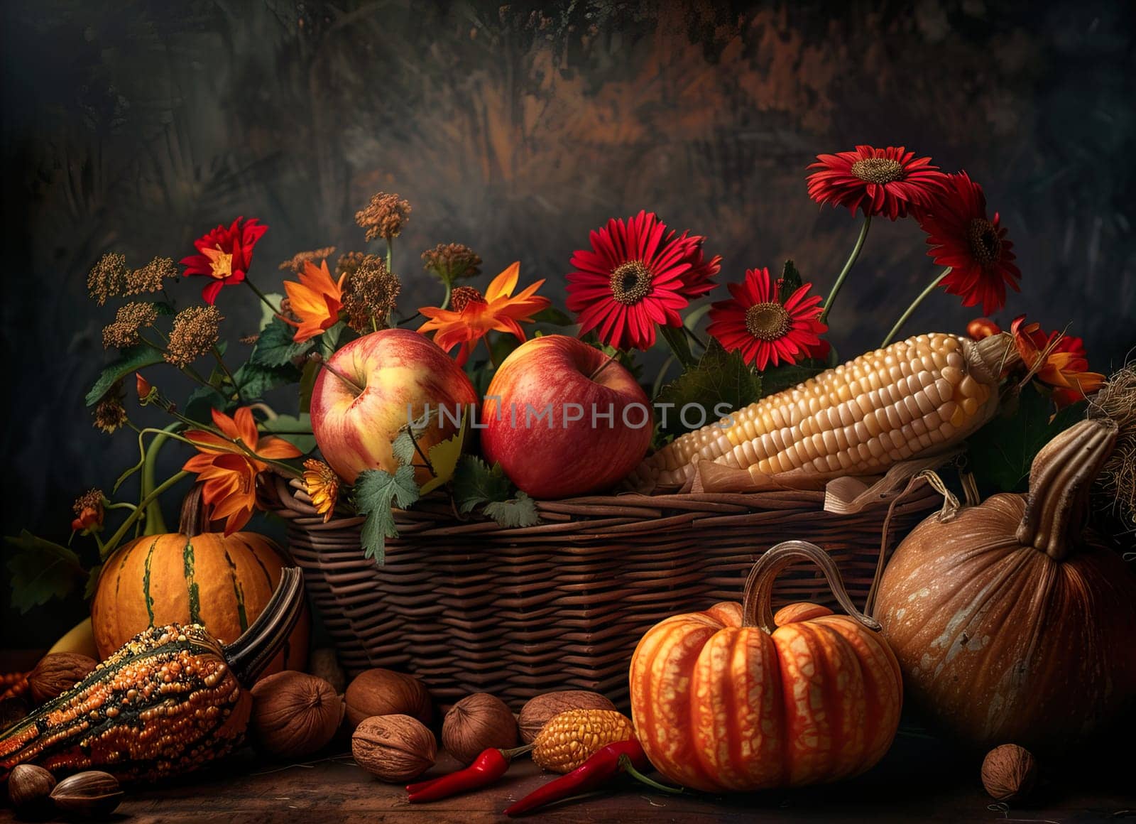 Autumn still life with a basket, fruits and flowers.