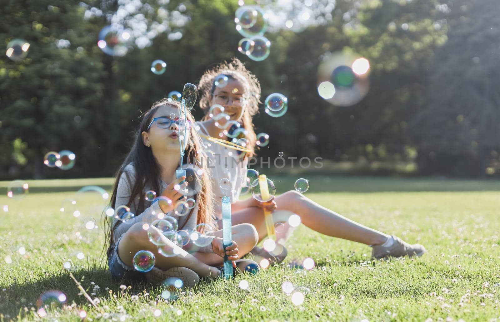 Portrait of two beautiful Caucasian girls sisters blowing a lot of flying soap bubbles, sitting in a park on a playground on a flower meadow in the backlight, close-up side view with selective focus. The concept of PARKS and RECREATION, happy childhood, children's picnic, fairy-tale childhood, outdoor recreation, playgrounds.