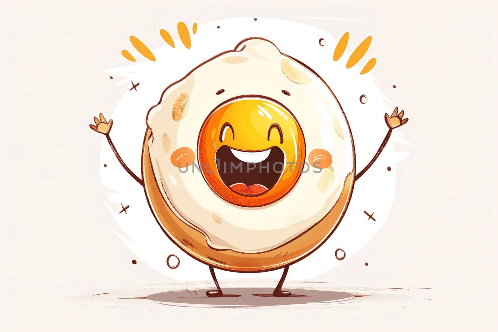 An illustration of a fried egg character with a big smile and waving arms. It is drawn in a cartoon style.
