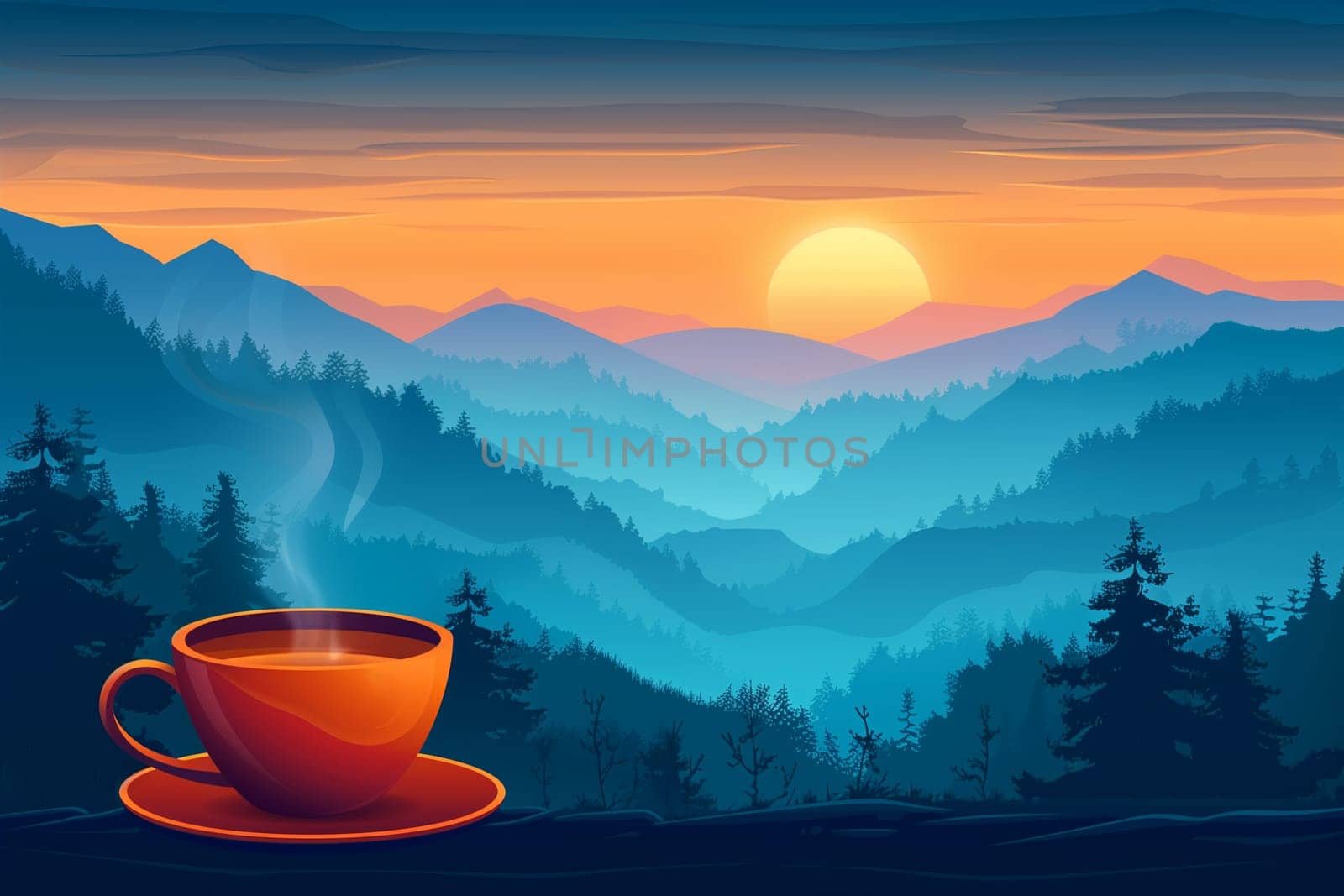 A cup of steaming coffee sits on a ledge overlooking a stunning vista of mountains bathed in the soft light of a sunrise.