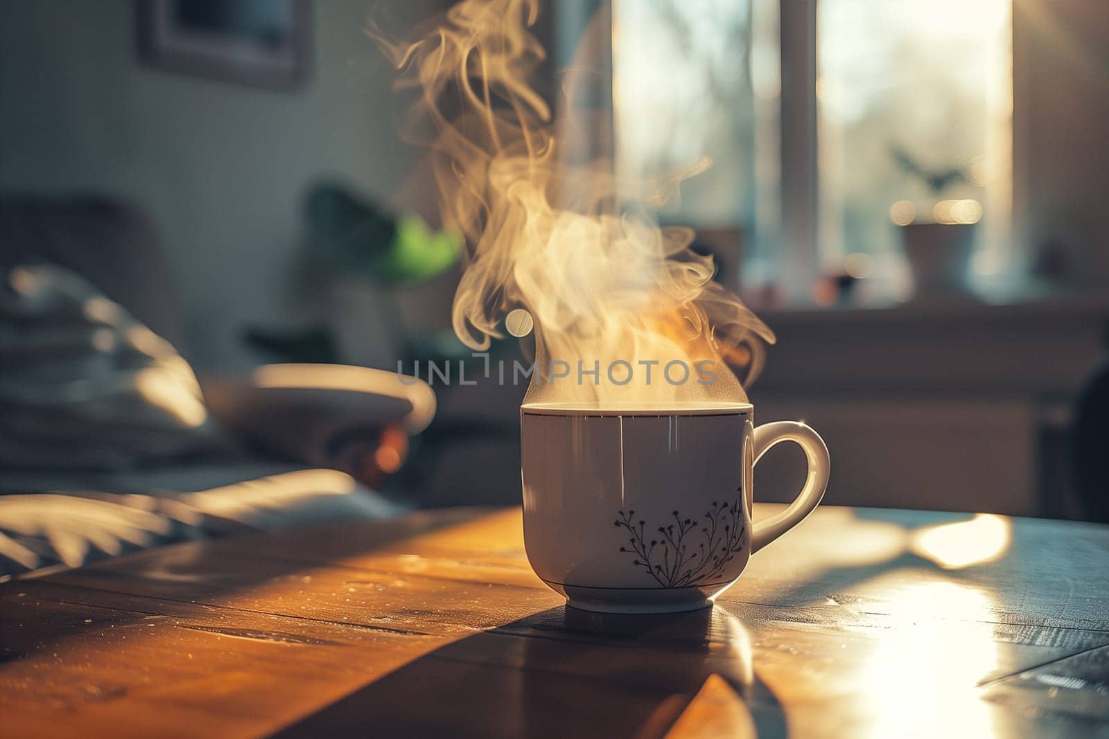 A close-up of a steaming cup of coffee on a wooden table in a sunlit room.