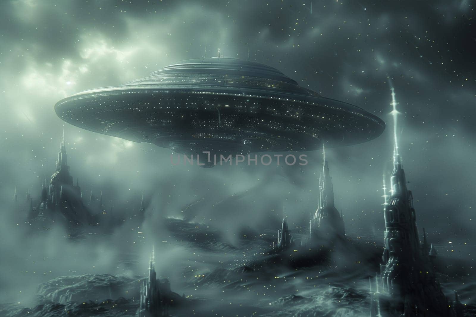 A digital art illustration depicting a large, round UFO hovering above a mysterious alien city in a foggy atmosphere.