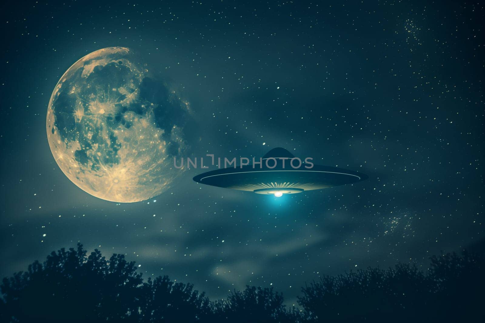 A classic UFO silhouette flies through the night sky near a bright, full moon.