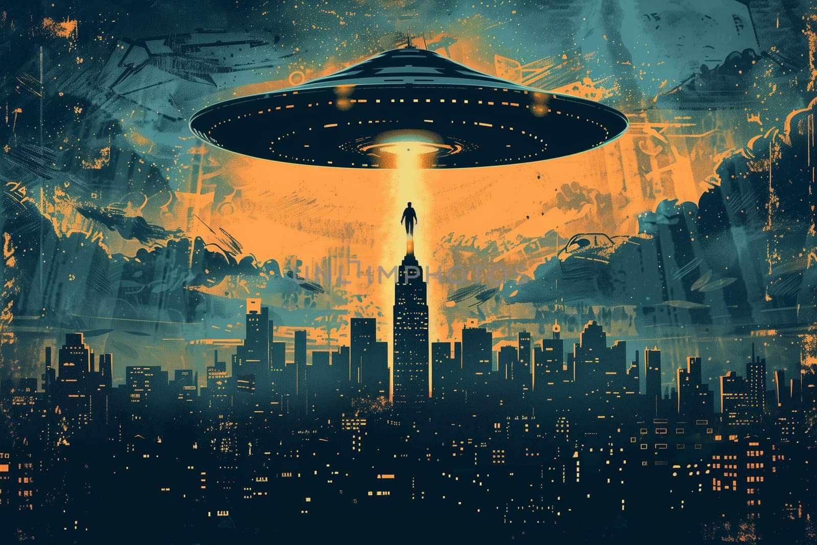 A digital illustration of a UFO hovering above a city skyline at night.