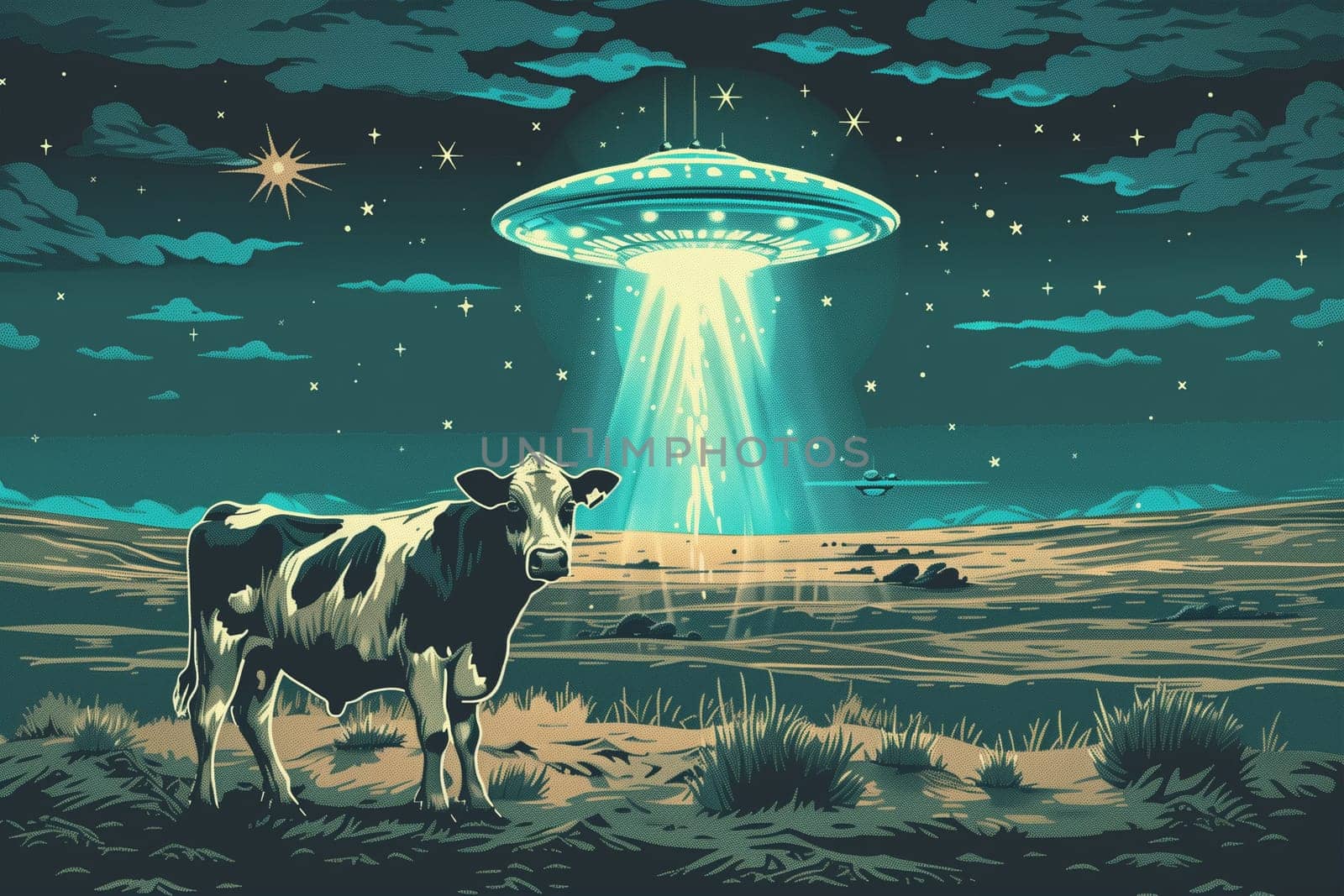 A digital painting of a UFO hovering over a cow in a field at night. The UFO is emitting a beam of light.