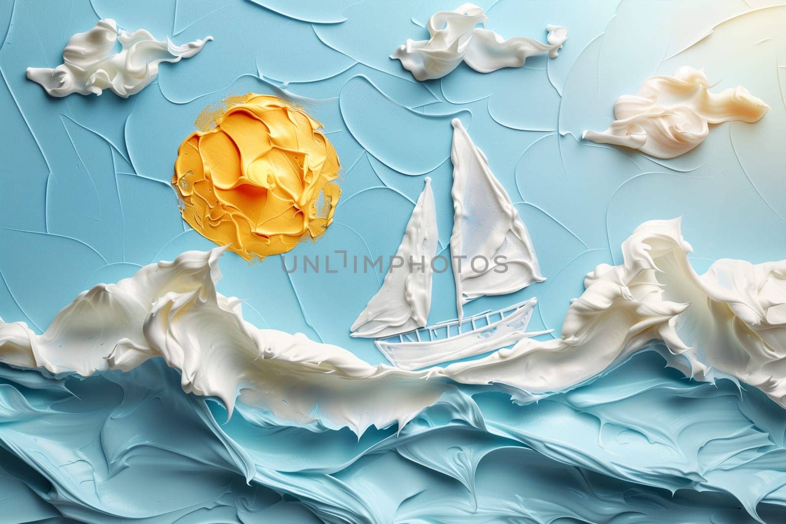 A close-up view of a painting depicting a sailboat on the ocean, with white clouds and a yellow sun in the sky. The painting is created using textured strokes of paint, giving it a unique and abstract quality. Sunscreen, skin health.