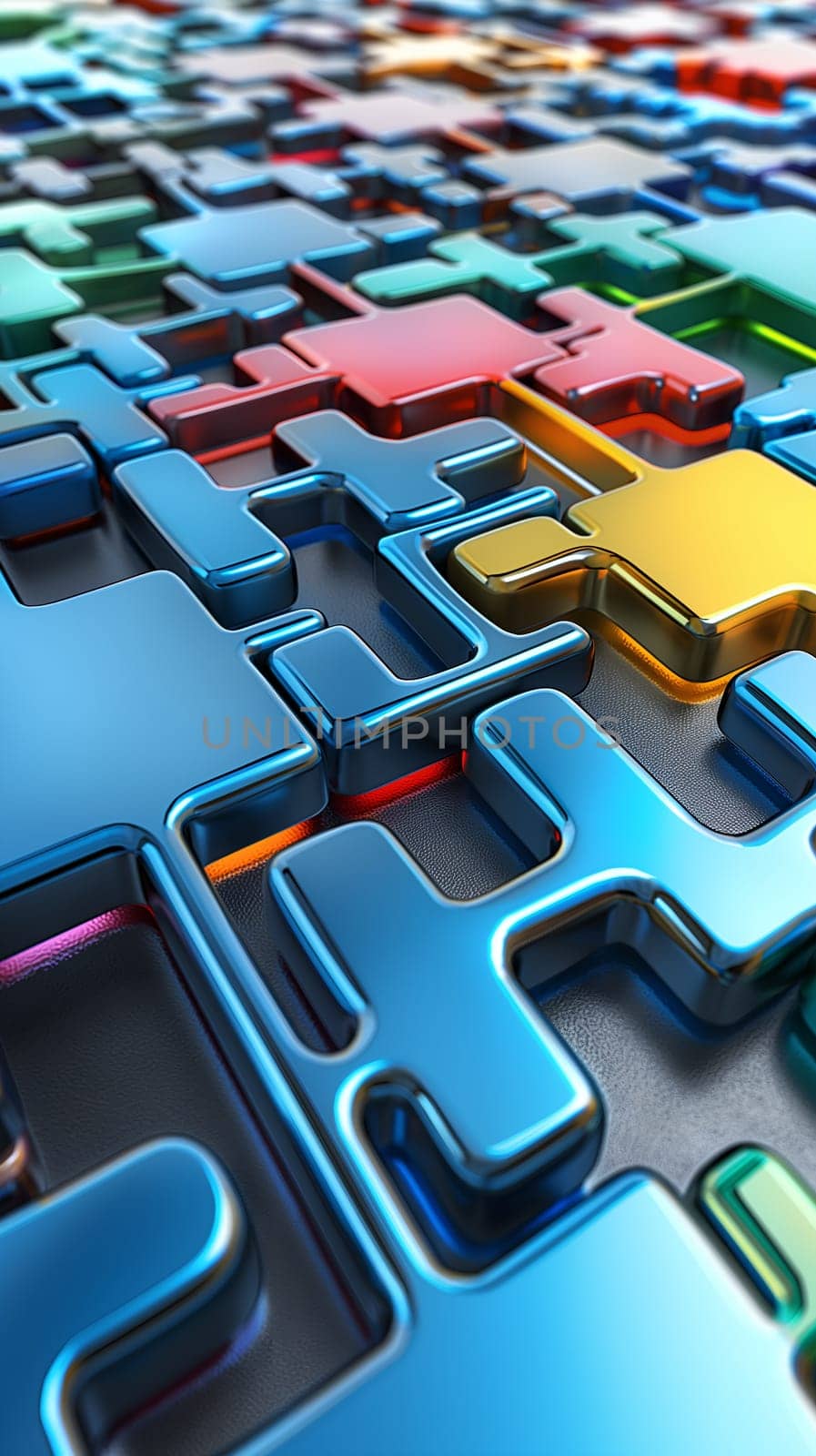 A close-up view captures the vibrant colors and shiny surfaces of 3D metallic structure spread across a flat area, suggesting teamwork or complexity - Generative AI