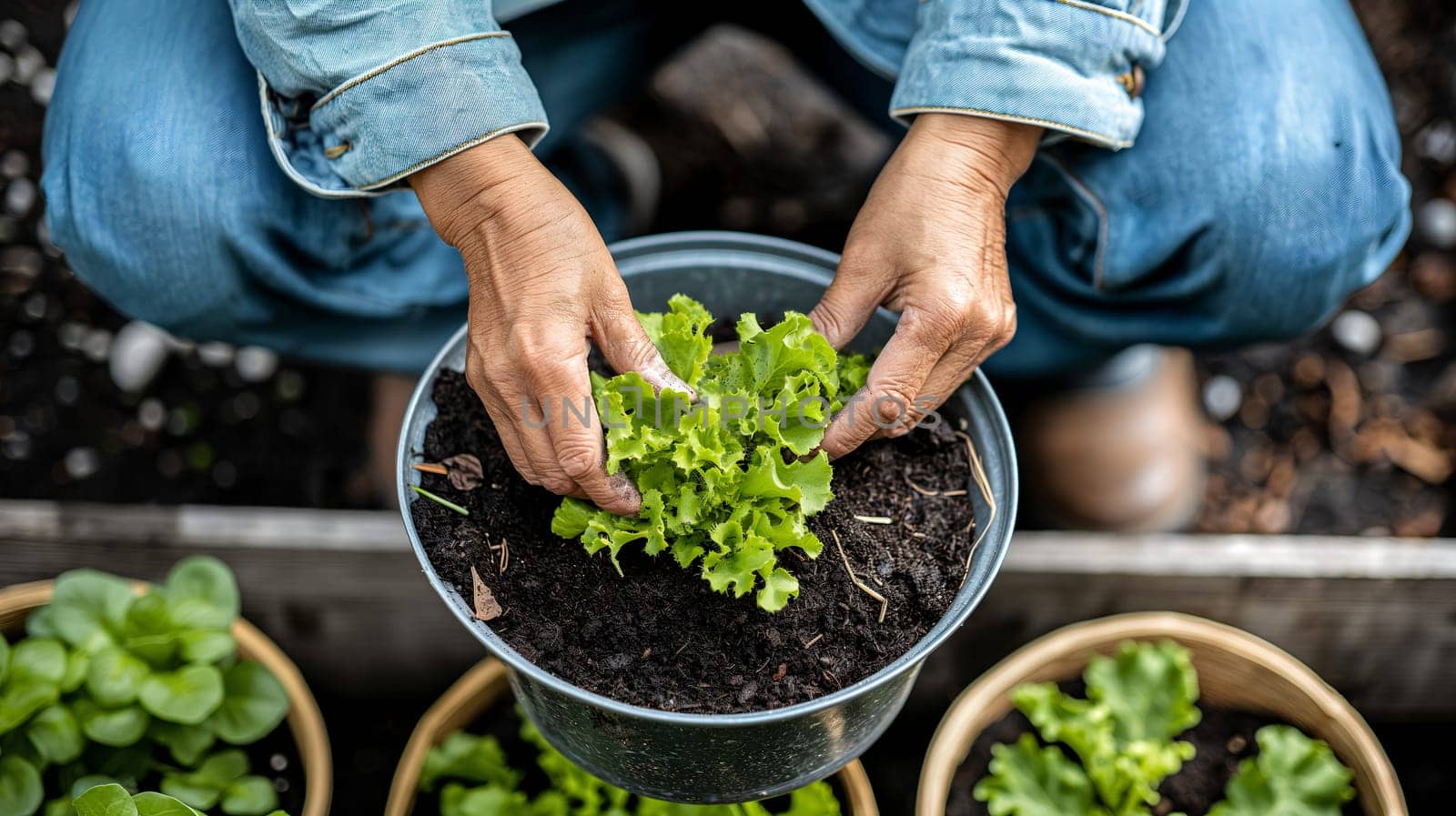 Urban Gardening: Planting Lettuce in a Container on a Sunny Day by chrisroll