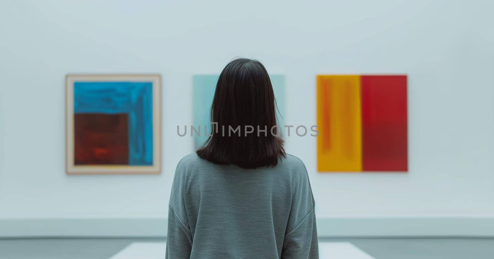 Rear view of interested young woman visitor stands in a modern art gallery looking at abstract paintings at the exhibition