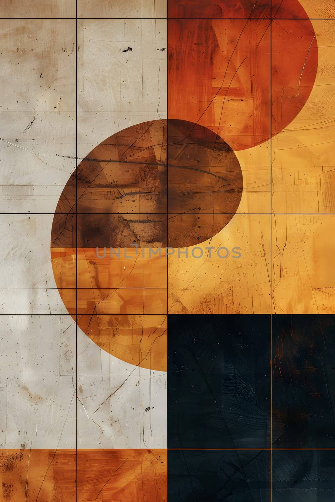 An art piece featuring circles and squares painted on brown hardwood flooring. The wood stain enhances the material property of the hardwood