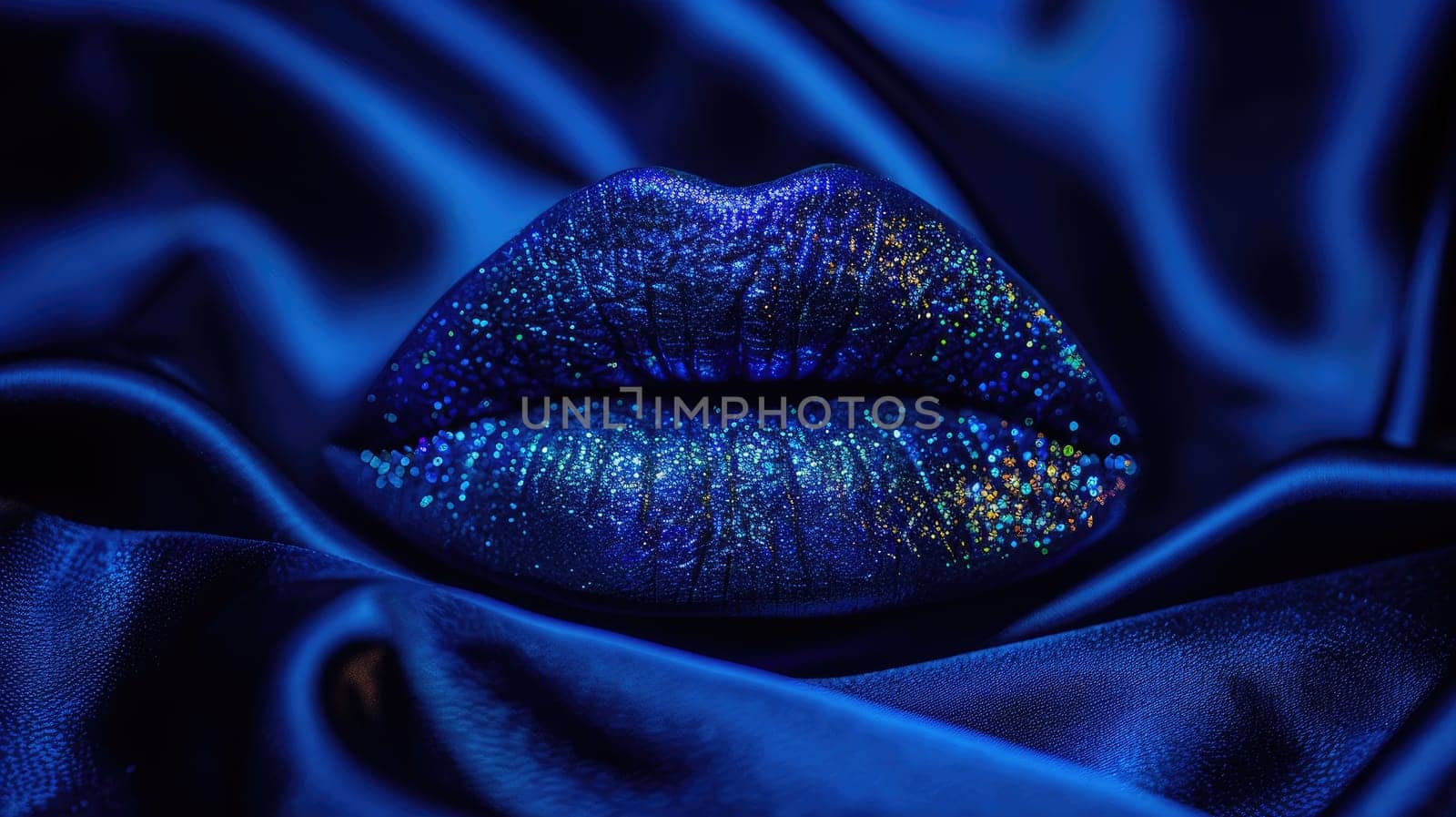 Vibrant blue glitter lips, illuminated with cool light from below, by Chawagen