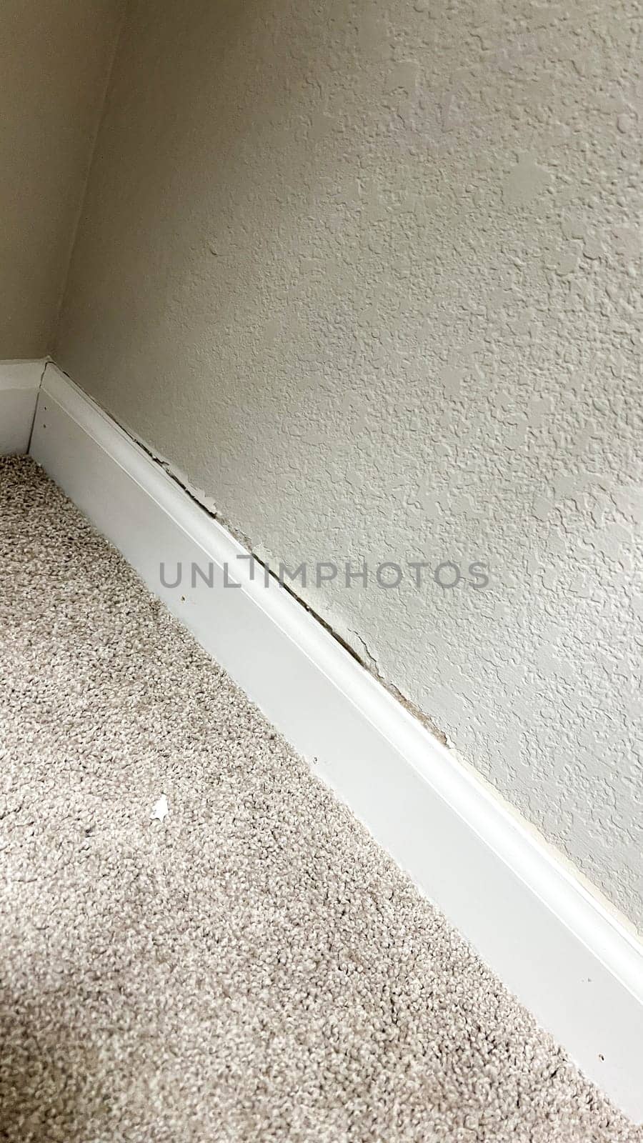 Denver, Colorado, USA-April 29, 2024-Close-up of wall and baseboard damage in a carpeted room, highlighting a significant crack and separation between the wall and trim. The image showcases a common home repair issue.