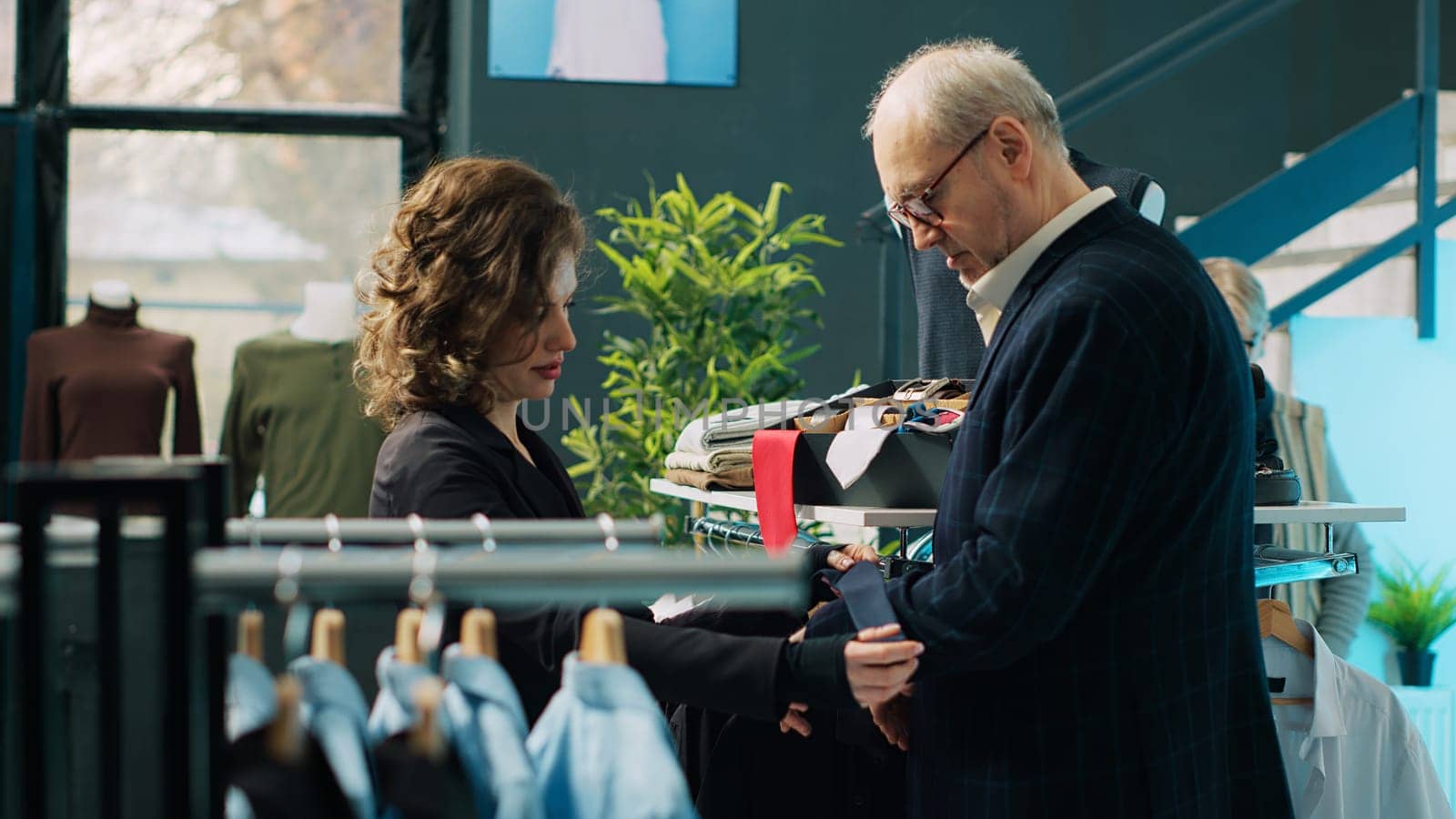 Woman employee presenting formal accessories to regular client, assisting him in choosing the right tie color to match his suit jacket. Store clerk helping customer, commercial activity. Camera A.