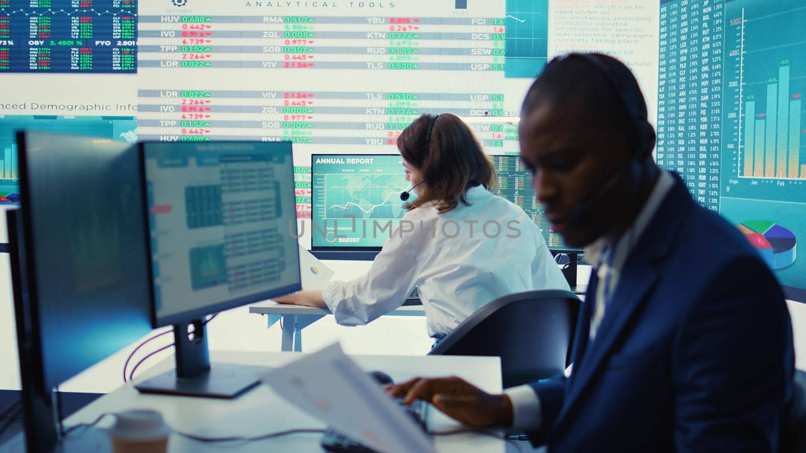 General director examining statistics big data on computer in a control room, makes a briefing report. Business manager studying sales numbers to adapt within market conditions. Camera B.