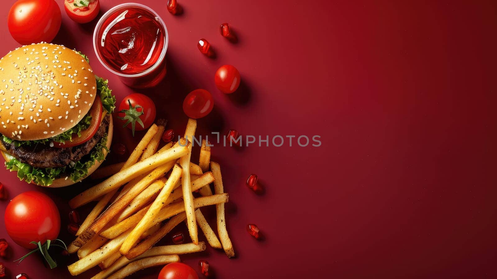Hamburger, Fries, and Soda on Vibrant Background Banner, Minimalistic Fast Food Delights.