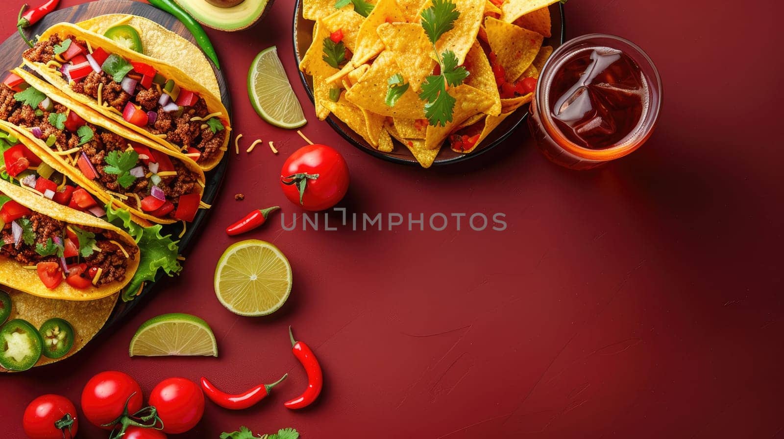 Delicious Fast Food Minimalist Wallpaper Banner with tacos with a side of corn and tomatoes.