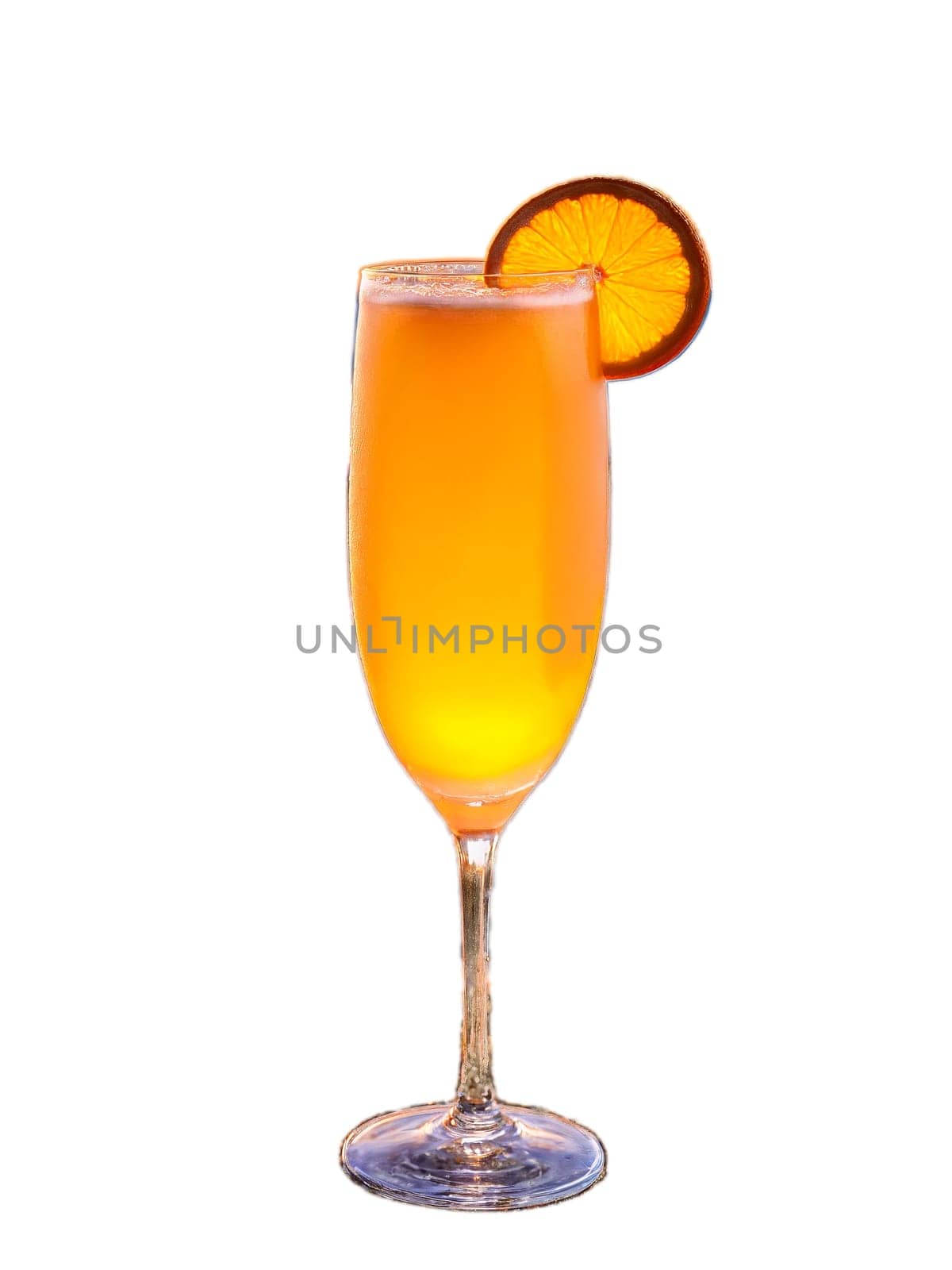 Sunset Sour Golden hued cocktail in a tall slender glass topped with a slice. Drink isolated on transparent background.