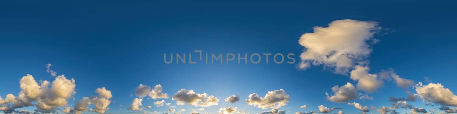 Sky panorama with Cirrus clouds in Seamless spherical equirectangular format. Full zenith for use in 3D graphics, game and editing aerial drone 360 degree panoramas for sky replacement