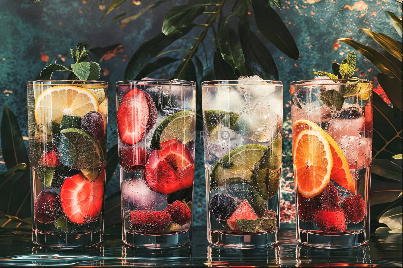 Tall glasses of cocktail with fruits, umbrella and mint, on a dark blue sunny background