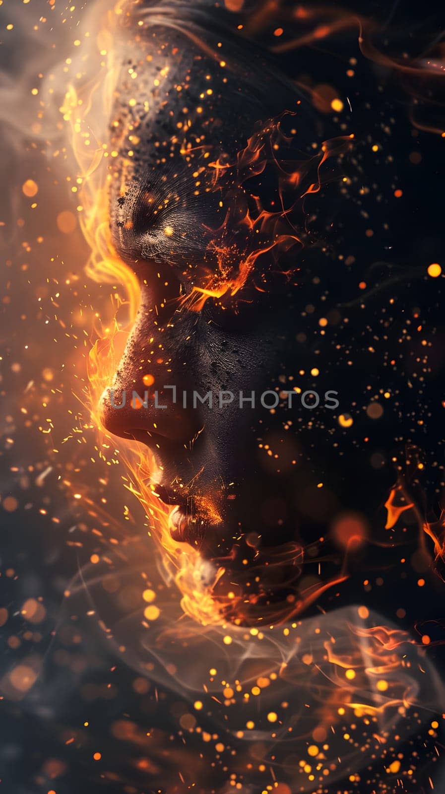 A dramatic closeup featuring a persons face with fire emanating from it, depicting a surreal blend of art, science, and the otherworldly elements of space and heat