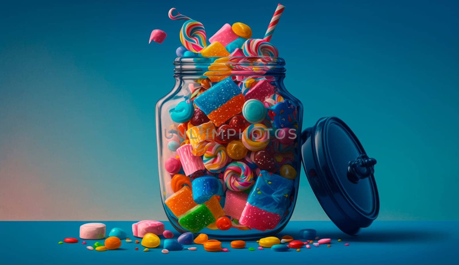 Numerous candies of various shades and shapes overflowing a glass jar. Generative AI, Food.