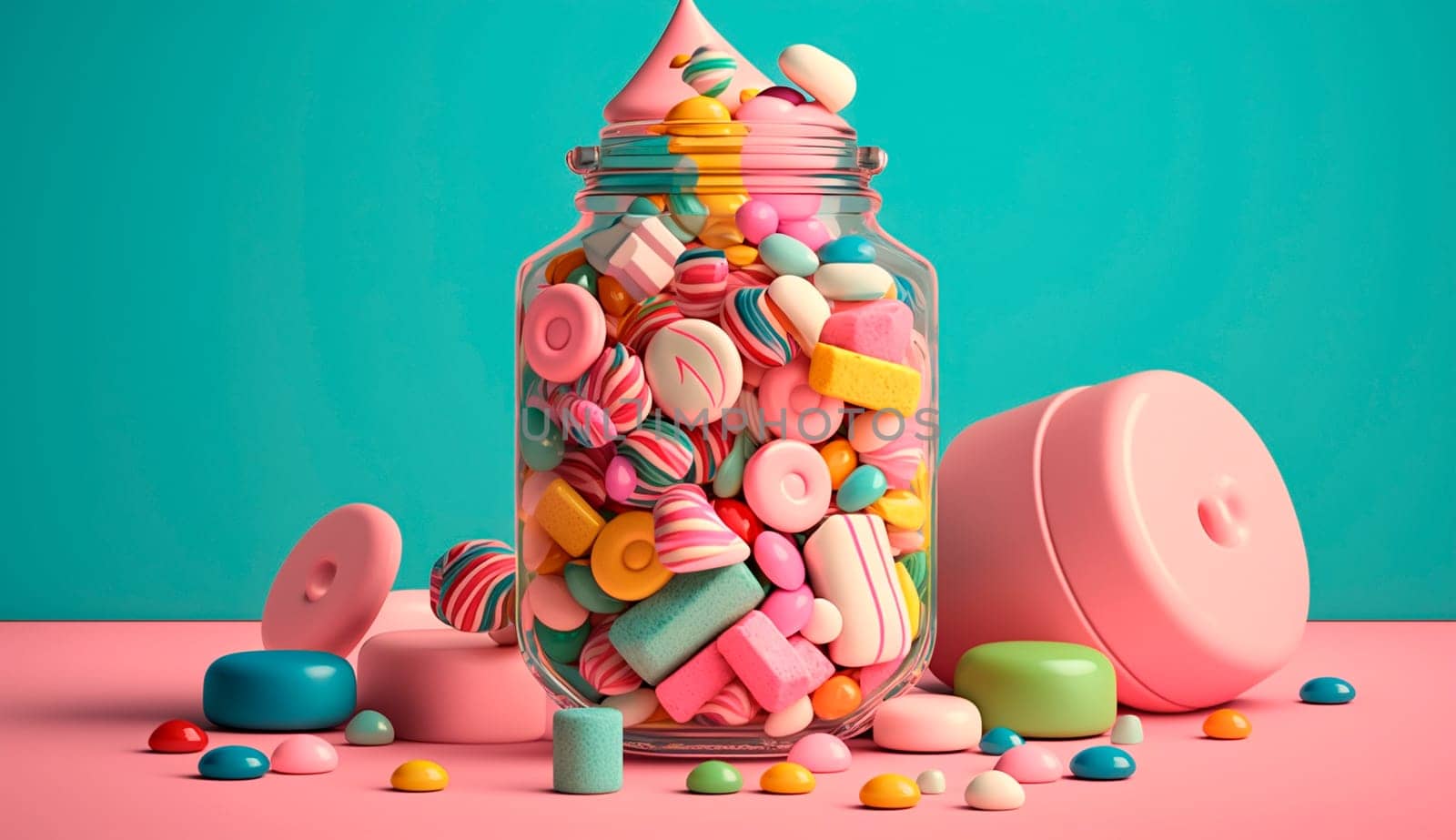 Numerous candies of various shades and shapes overflowing a glass jar. Generative AI, Food.