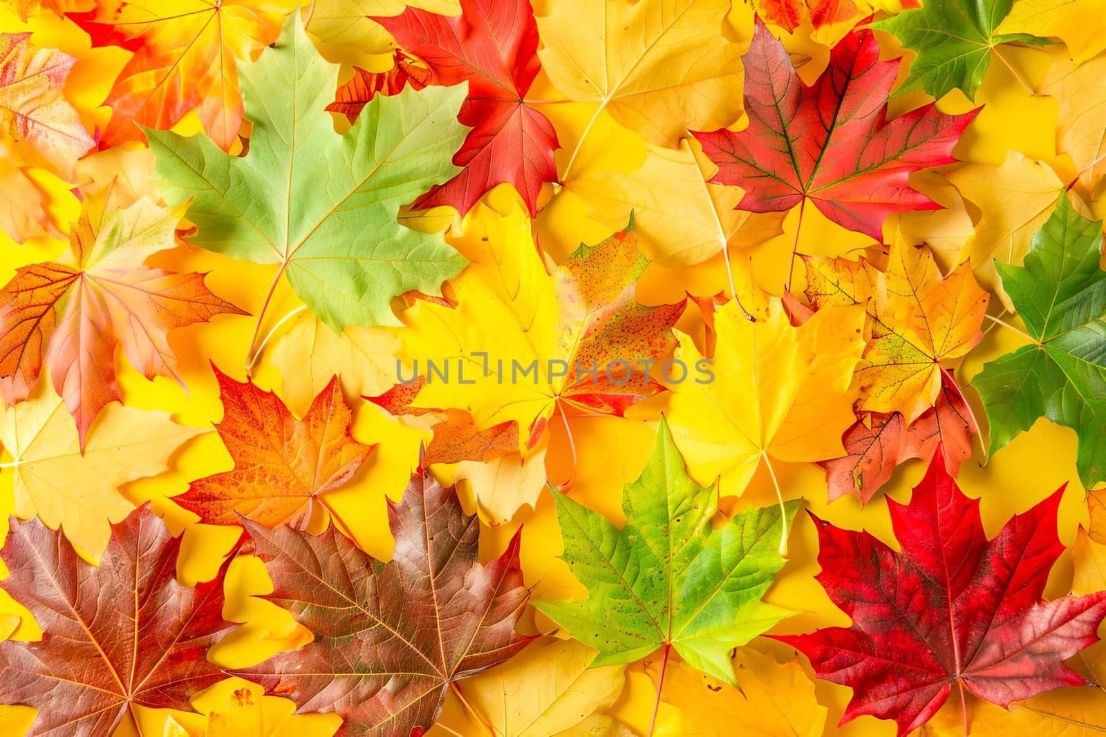 Top view of colorful bright autumn leaves. AI generated.