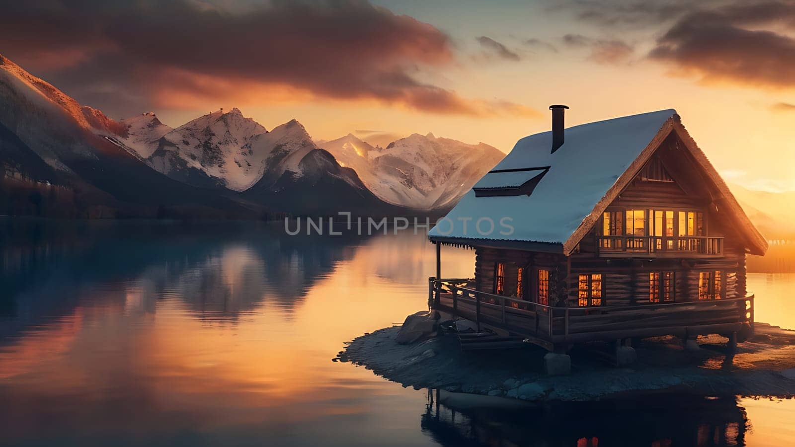 Wooden house on the side of beautiful lake and rocky mountain range. 