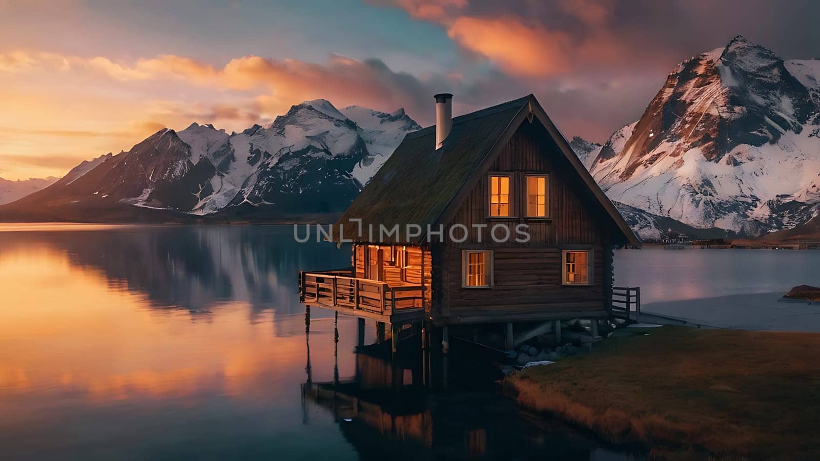 Wooden house on the side of beautiful lake and rocky mountain range. 