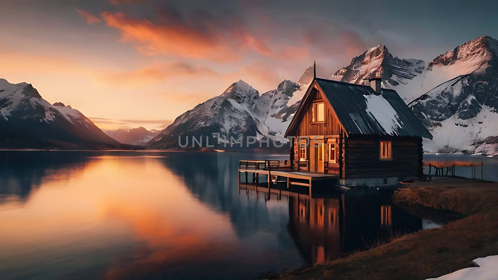 Wooden house on the side of beautiful lake and rocky mountain range. 