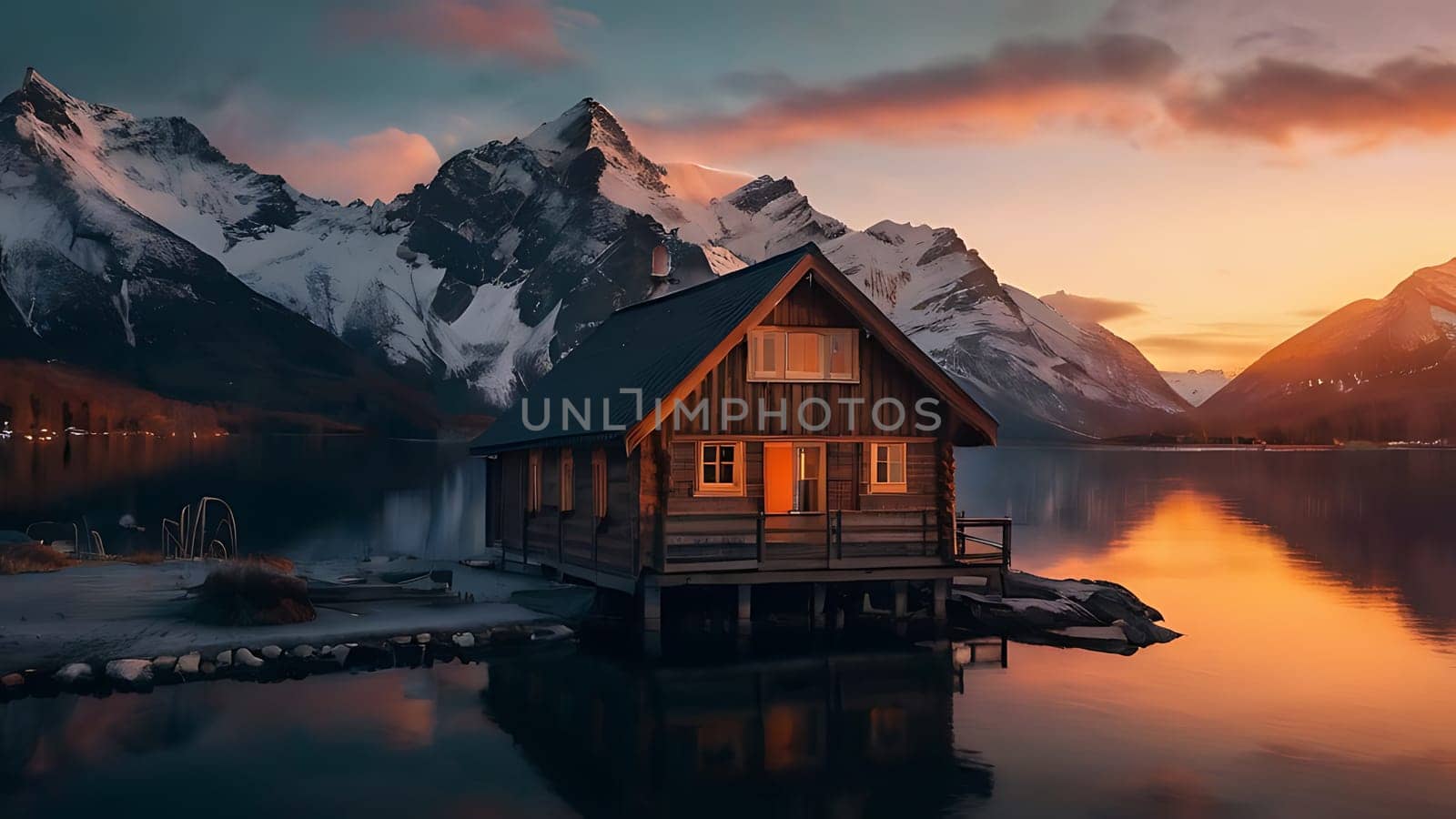 Wooden house on the side of beautiful lake and rocky mountain range. 