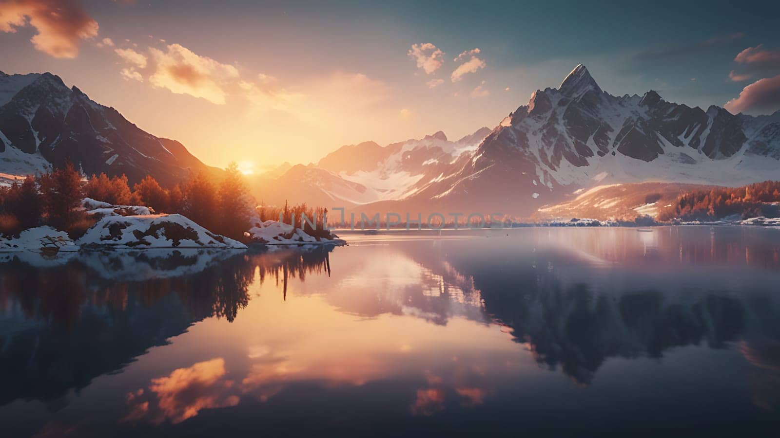 Beautiful lake on the foot of icy mountains range. Mountains and night sky reflection on the surface of water.