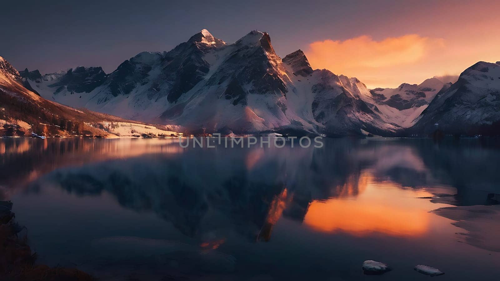 Beautiful lake on the foot of icy mountains range. Mountains and night sky reflection on the surface of water.